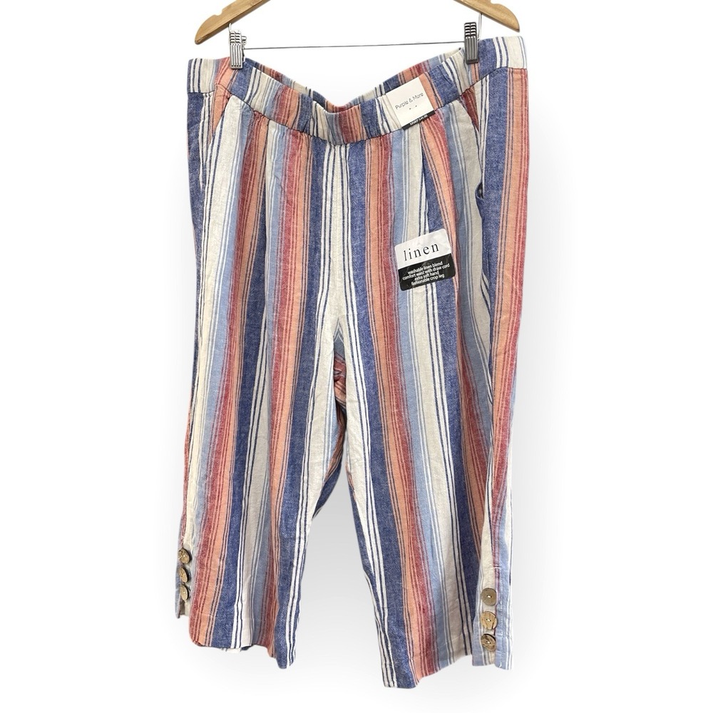 Purple & More Women's Plus 1X Linen Blend Pants  Striped Boho Cropped NEW Resort